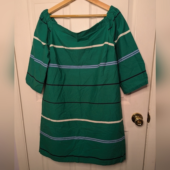 Ann Taylor Womens Dress Green Blue Stripe Off Shoulder Size 6 Casual Preppy - Picture 1 of 5
